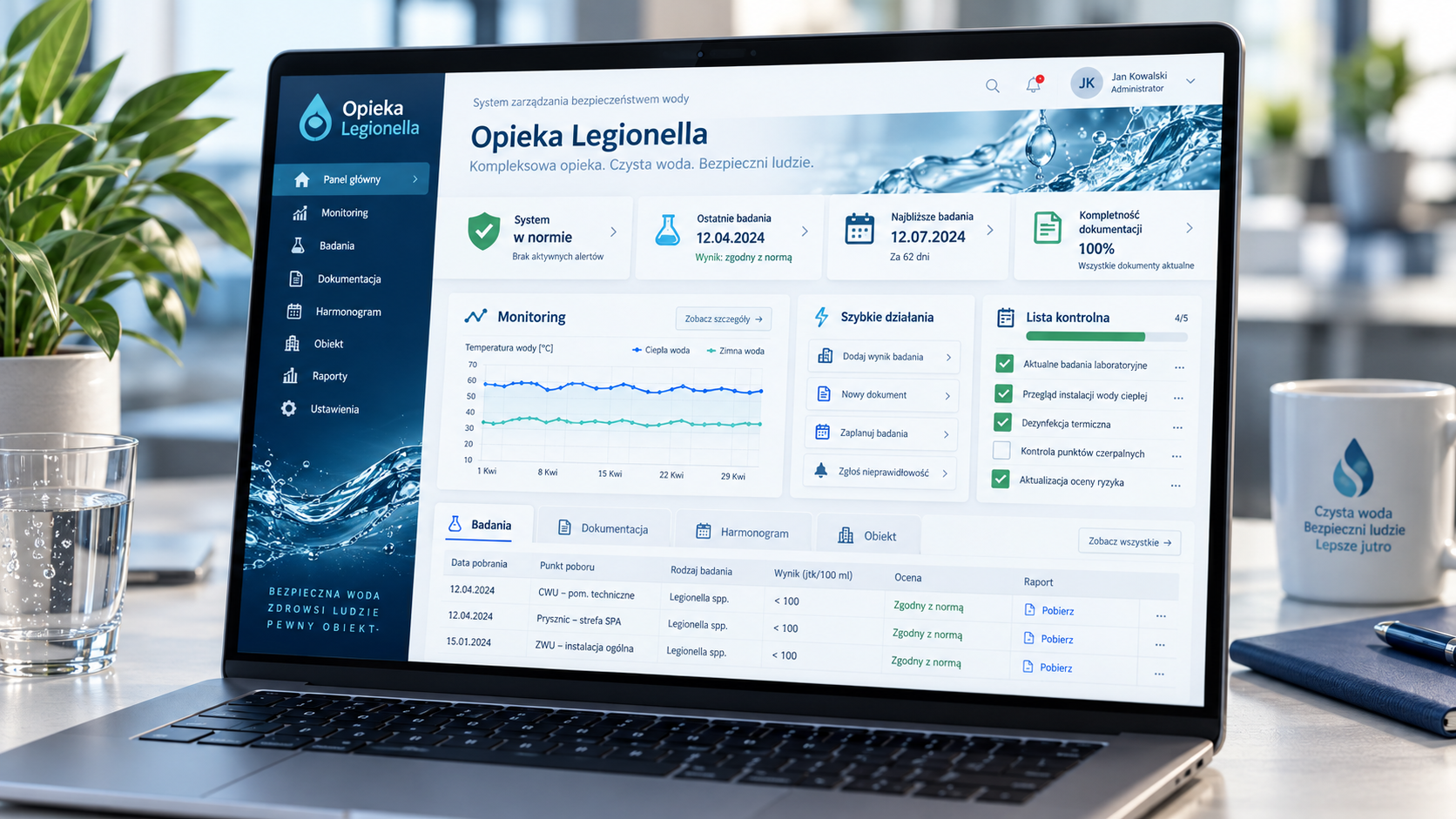 Panel Opieka Legionella wyświetlony na laptopie – monitoring, badania, dokumentacja i harmonogram