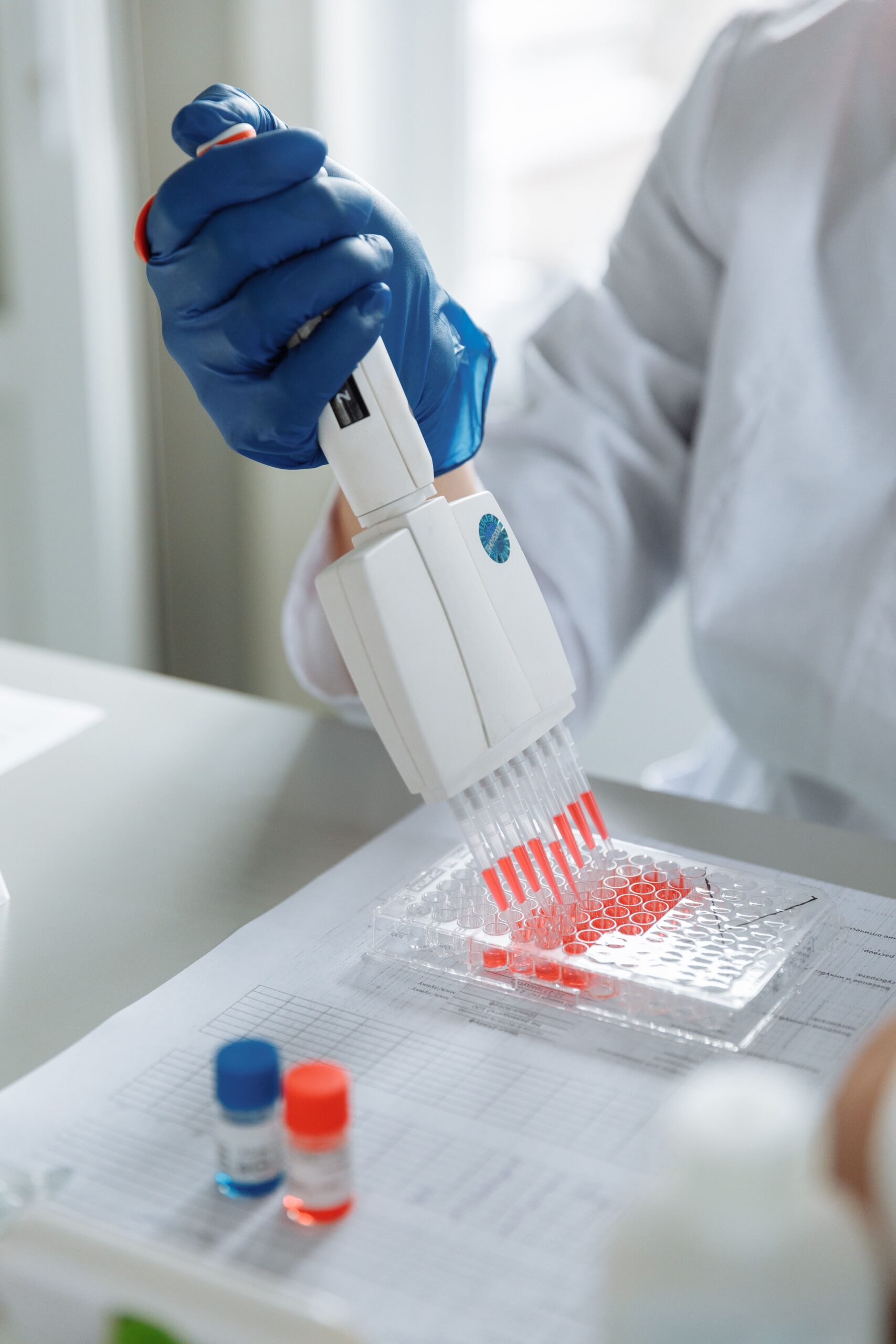 Praca z pipetą wielokanałową przy stanowisku laboratoryjnym